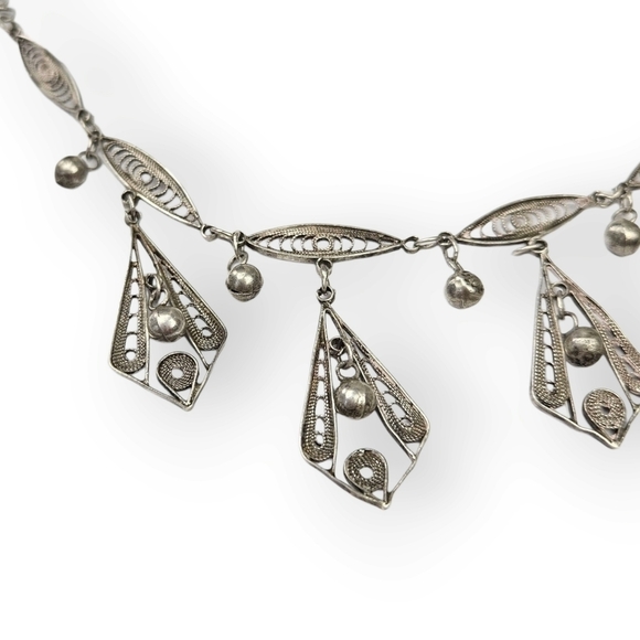 VINTAGE Sterling Filigree Necklace Chain Turkish Style Leaves Flowers 925 Silver - Picture 3 of 11